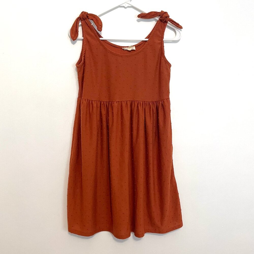 SEE YOU MONDAY Burnt Orange Swiss Dot Tie Shoulder Strap Mini Fit & Flare Dress